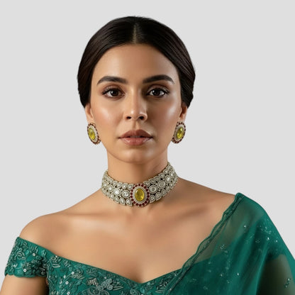 Yellow Stone & Ruby Studded Gold-Plated Choker Necklace Set