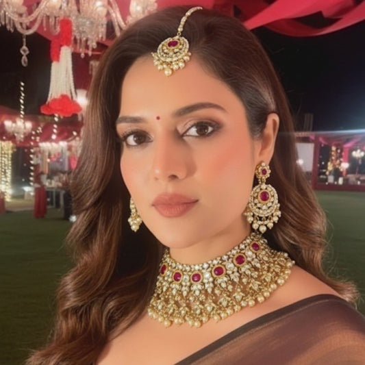 Gold-Plated Kundan Choker Necklace Set with Ruby Red Stones, Pearls & Maang Tikka