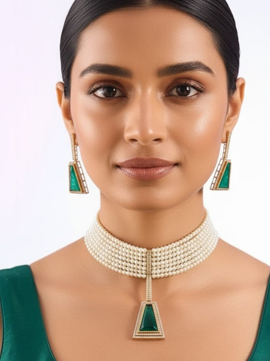 Gold Finish Pearl & Emerald Drop Choker Pendant Necklace Set – Traditional Bridal Jewelry for Weddings & Festive Wear