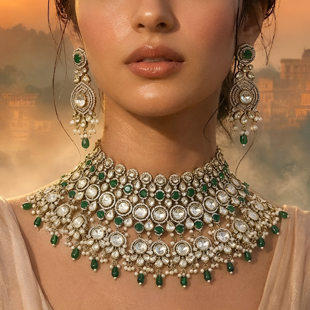 Emerald green stone Kundan bridal choker necklace set with crystal detailing and matching long earrings