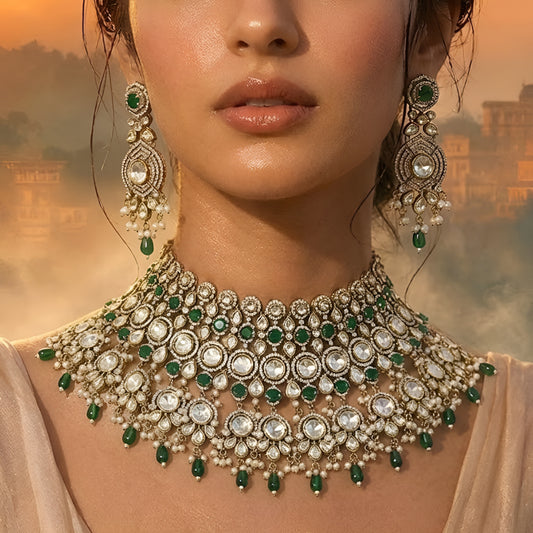 Emerald green stone Kundan bridal choker necklace set with crystal detailing and matching long earrings