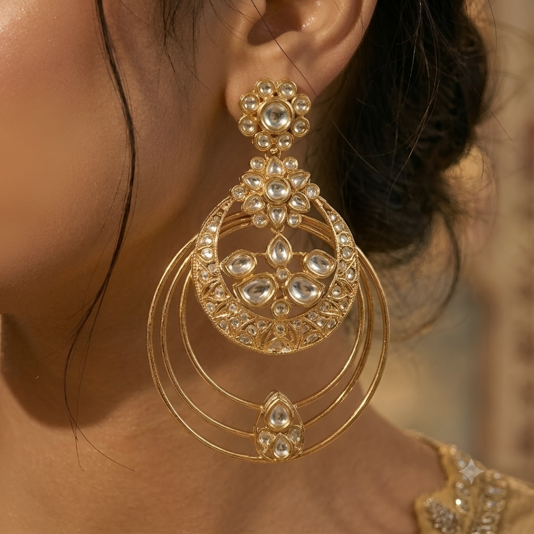 Gold Plated Kundan Hoop Earrings for Women | Traditional Chandbali Style Statement Earrings