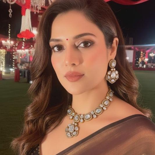 Bridal Kundan-Style White Stone Necklace Set with Earrings