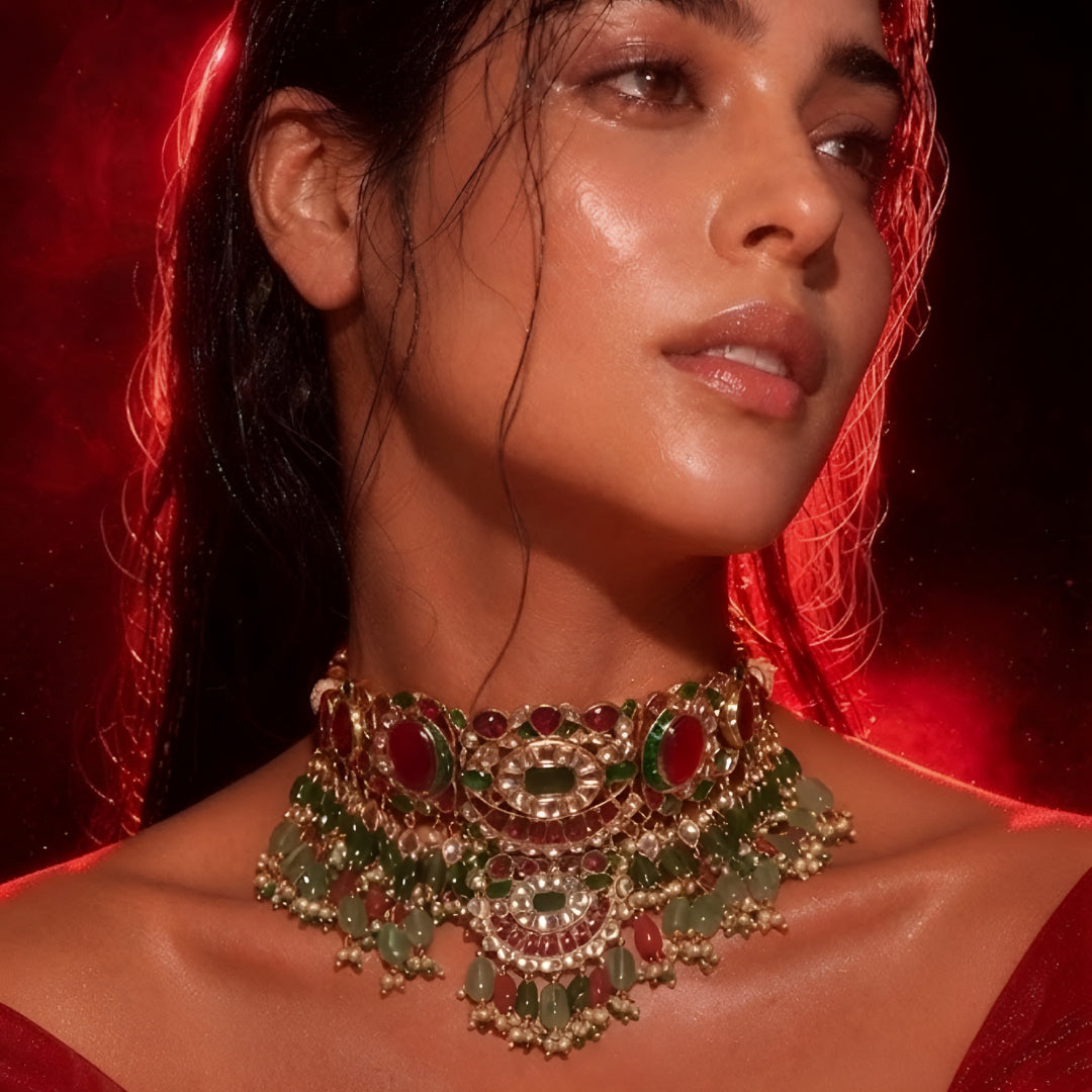 Kundan polki choker necklace with ruby and emerald stones on model