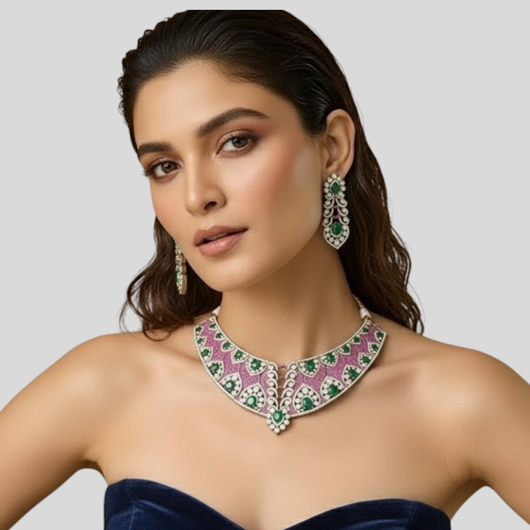 “Pink and Green Kundan Bridal Necklace Set with Gold Plating and Matching Earrings – Heavy Wedding Jewellery”