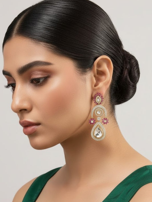 Gold-Plated Teardrop Kundan Earrings with Pink Floral Detailing
