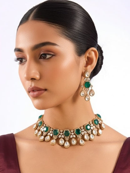 Gold Finish Kundan Polki & Emerald Stone Choker Necklace Set