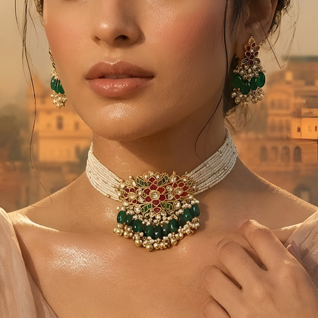 Traditional Kundan pearl choker necklace set with green bead drops and matching earrings in gold-plated finish for bridal and festive wear.