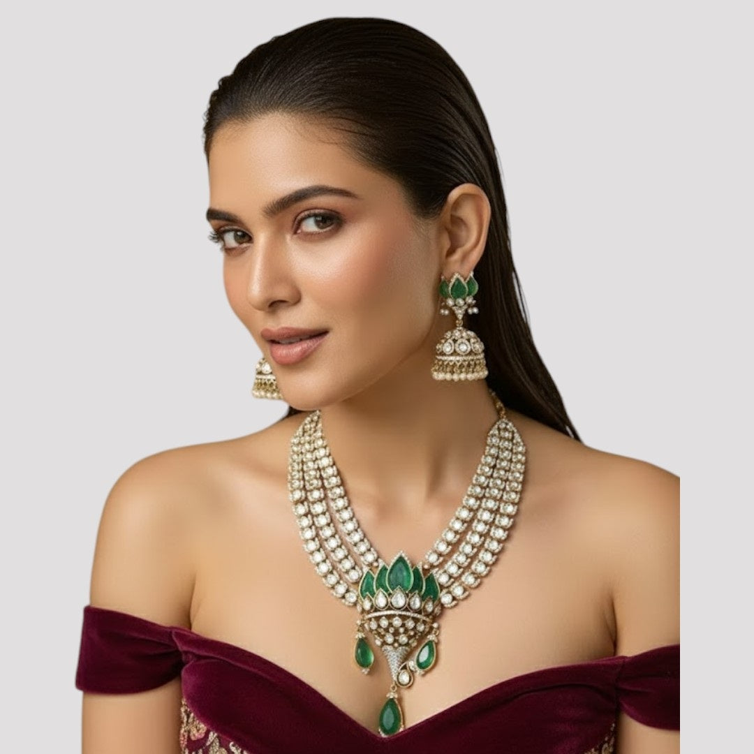“Kundan and Emerald Polki Multi-Layer Bridal Necklace Set with Earrings
