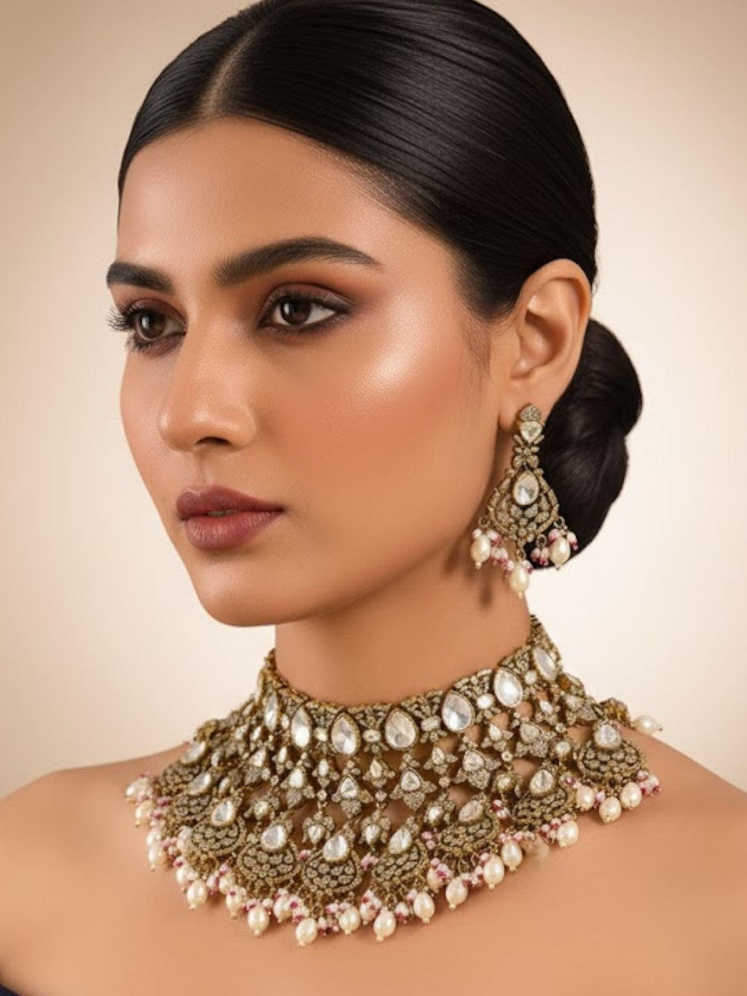 Royal Kundan Pearl Choker Necklace Set with Complementary Earrings – Antique Gold Finish