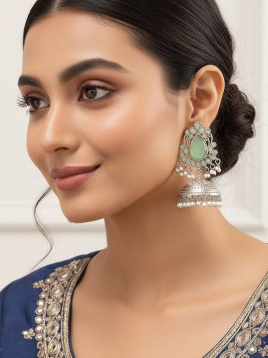 Oxidized Silver Jhumka Earrings with Mint Green Stones & Pearl Drops
