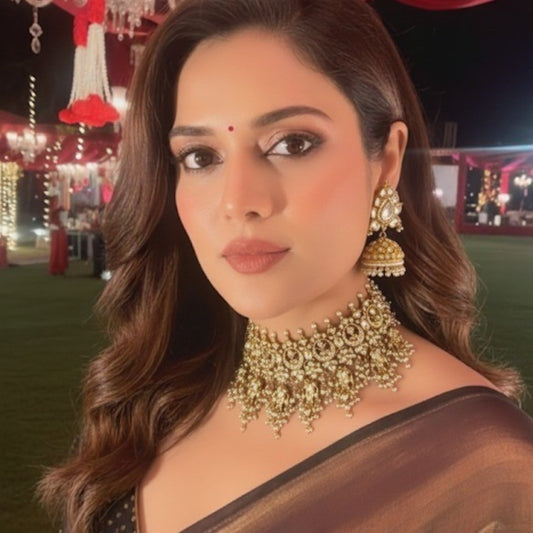 Gold-Plated Kundan Bridal Choker Necklace Set with Pearl Jhumka Earrings