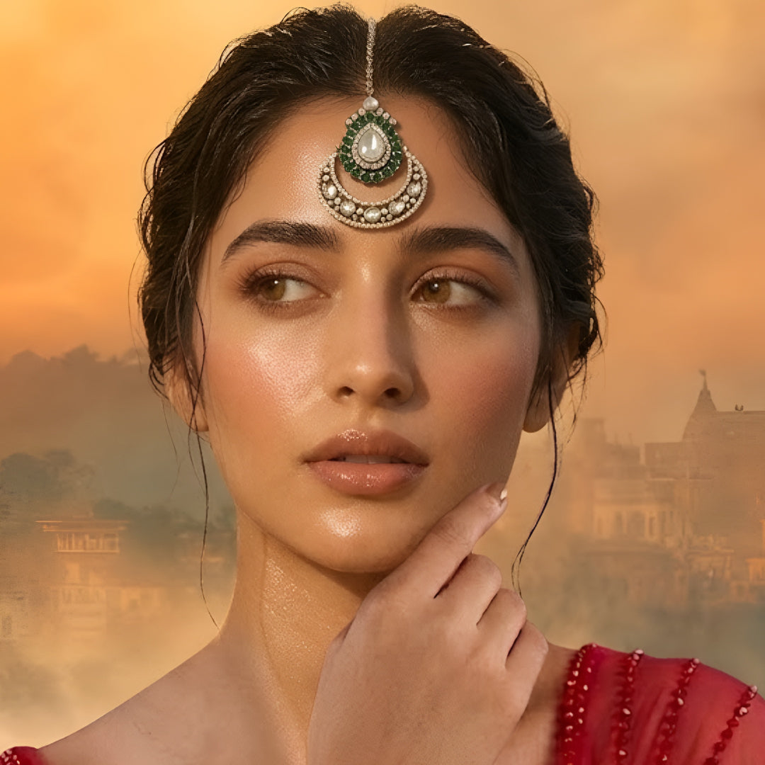 Elegant gold-plated bridal maang tikka featuring a pear-shaped crystal, green stones, and crescent crystal design for weddings and festive occasions.