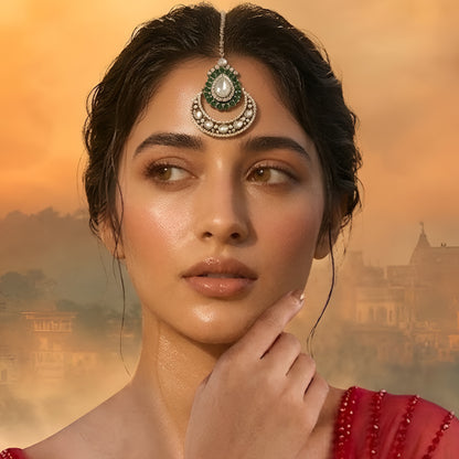 Elegant gold-plated bridal maang tikka featuring a pear-shaped crystal, green stones, and crescent crystal design for weddings and festive occasions.