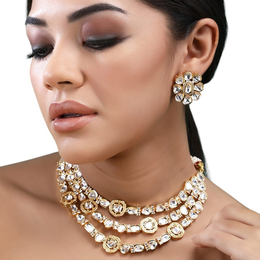 "Bridal Kundan Polki Necklace Set with Earrings – Gold Plated 3 Layer Raani Haar Jewelry"

