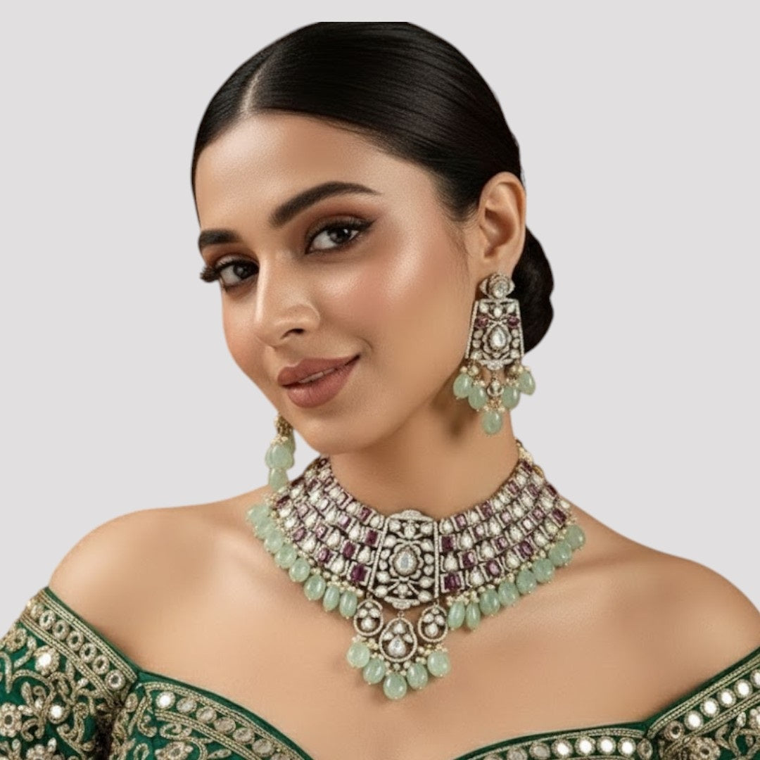 “Bridal Kundan choker necklace set with ruby stones and green beads, matching earrings”