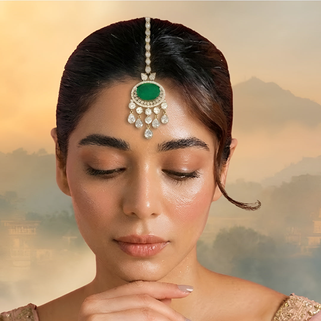 Luxury Green Stone Polki Bridal Maang Tikka with American Diamond Stones and Gold Finish for Wedding & Festive Wear.