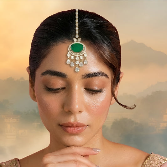 Luxury Green Stone Polki Bridal Maang Tikka with American Diamond Stones and Gold Finish for Wedding & Festive Wear.
