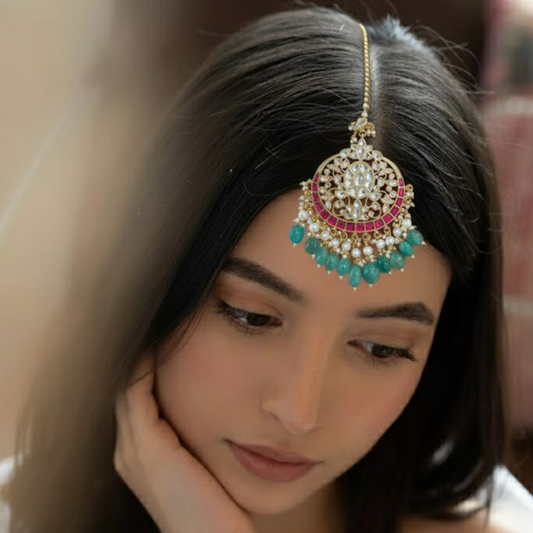 Gold Polki Chandelier Earrings with Red and Green Beads, Traditional Indian Wedding Jewelry