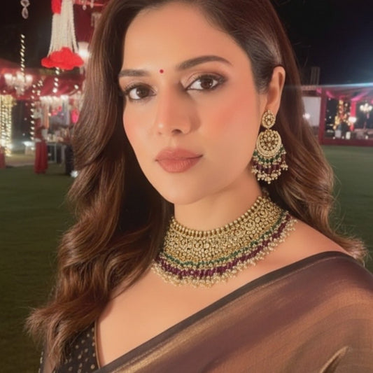 Traditional Kundan Bridal Necklace Set with Ruby & Emerald Beads
