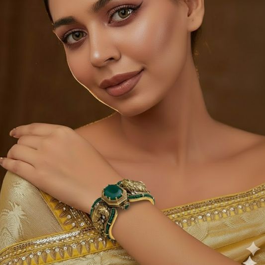 Antique Gold-Plated Green Stone Statement Cuff Bracelet for Women