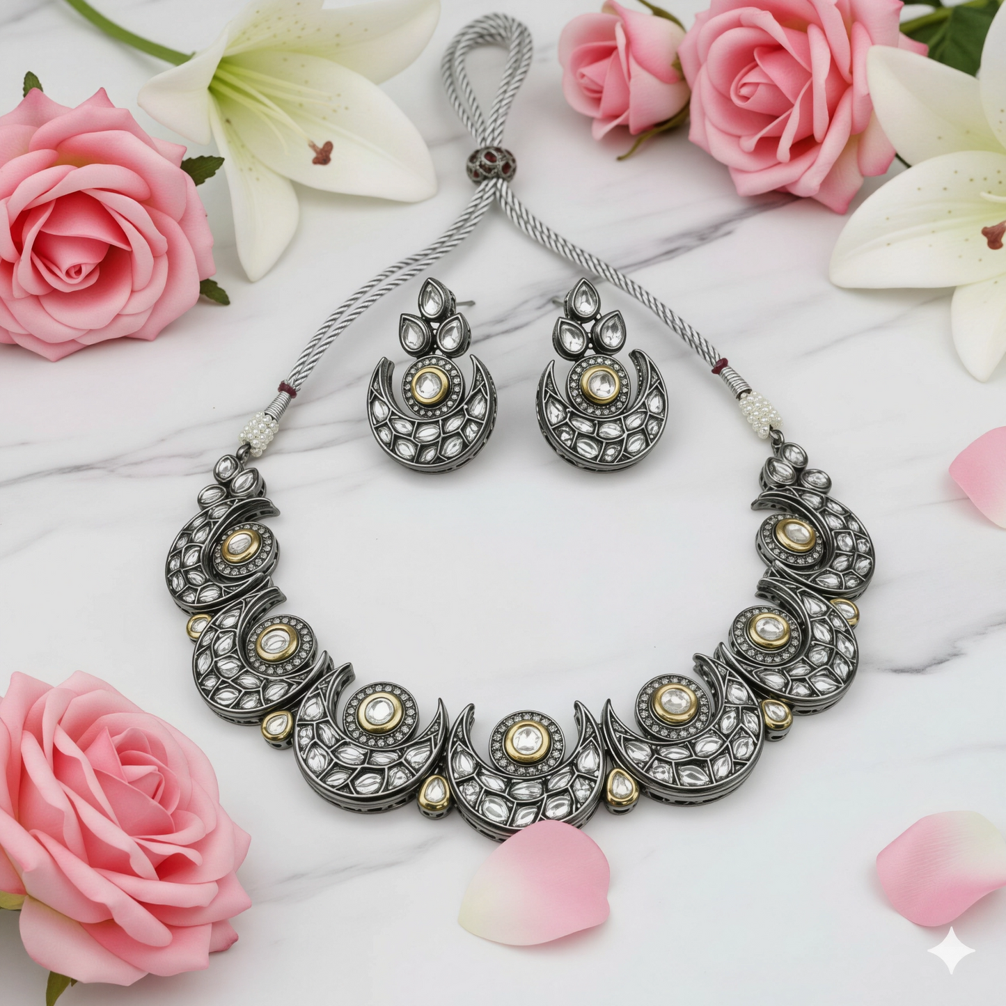 Oxidised Silver Kundan Crescent Necklace Set with Earrings