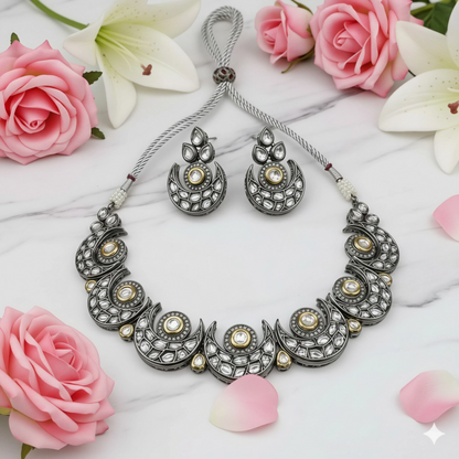 Oxidised Silver Kundan Crescent Necklace Set with Earrings