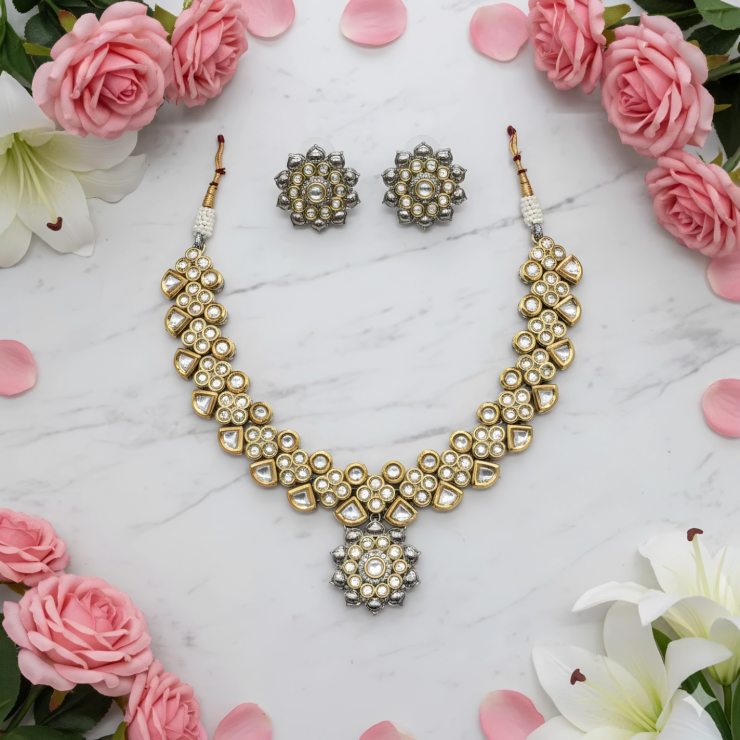 Gold Plated Kundan Stone Traditional Necklace Set with Stud Earrings