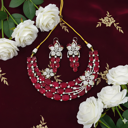 Red Stone Studded Floral Design Silver Polish Necklace Set with Earrings