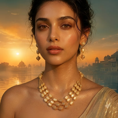 Elegant multi-layer ivory pearl beaded necklace set with gold-tone filigree accents and matching drop earrings for women.