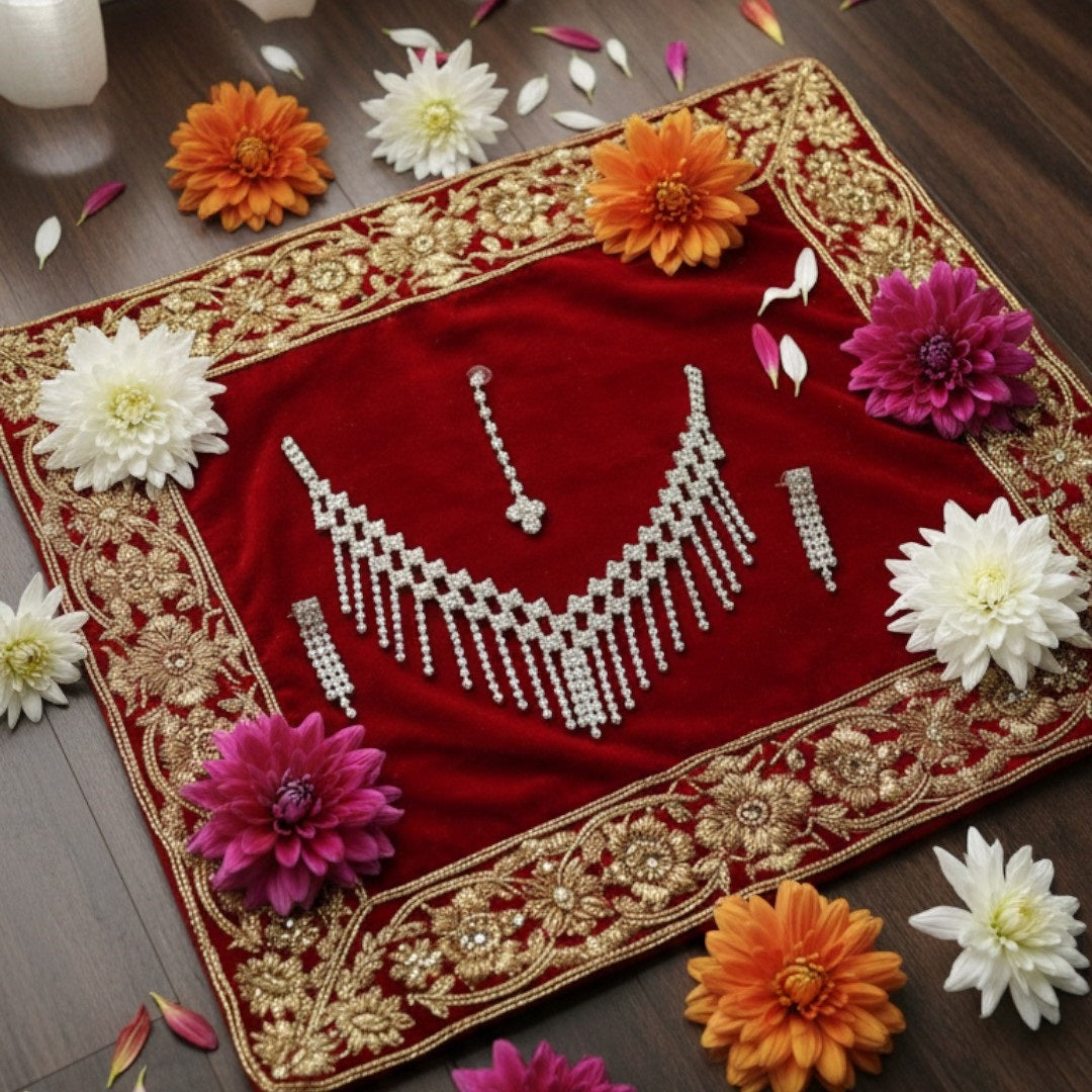 Silver-plated cascading crystal necklace set with earrings and maang tikka for bridal and festive occasions.