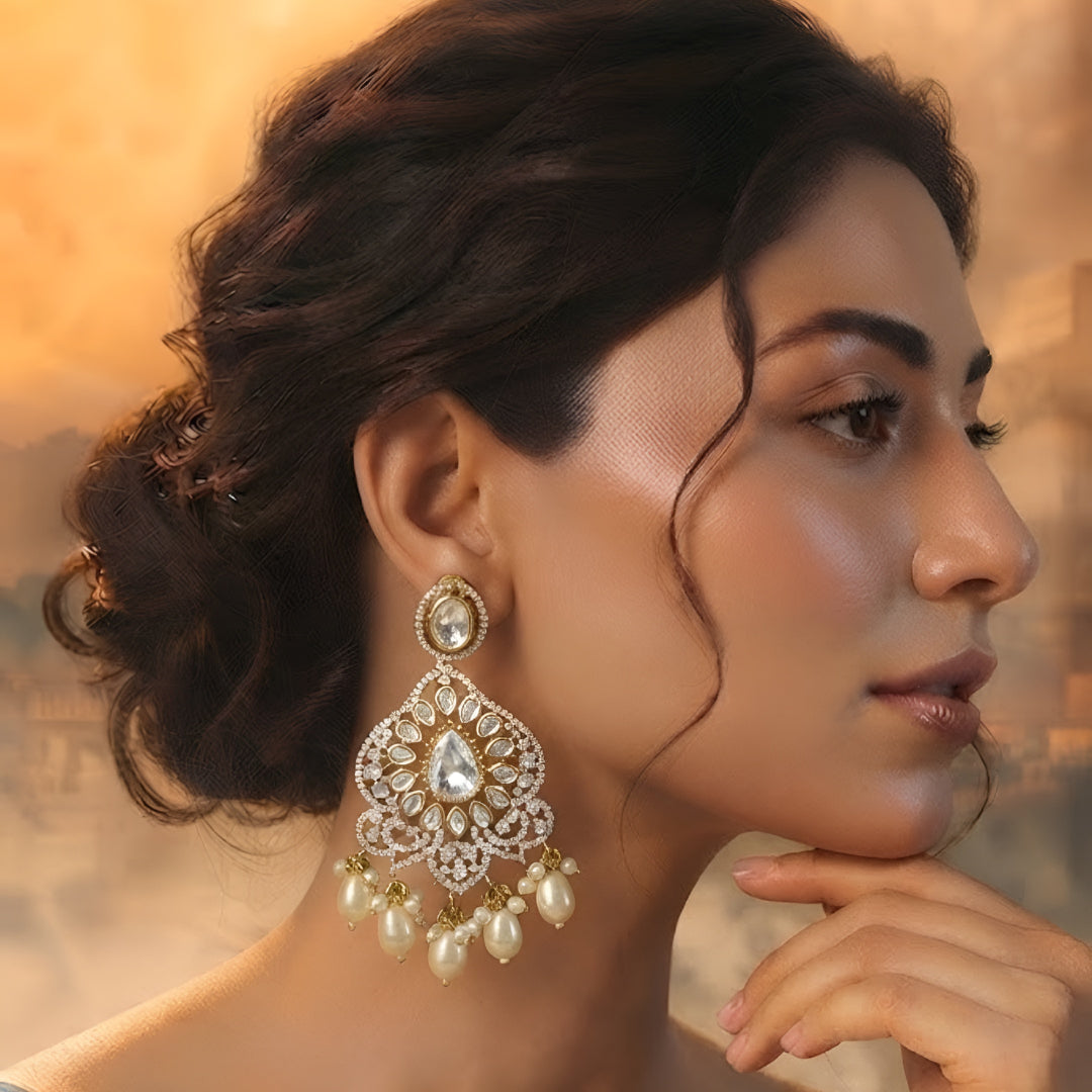 Kundan Pearl Chandbali Earrings for Women | Gold Plated Statement Bridal Earrings with Pearl Drops
