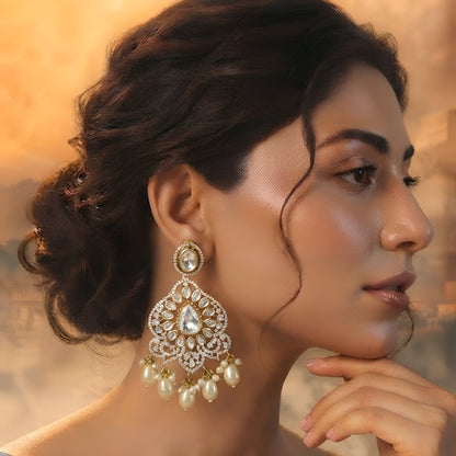 Kundan Pearl Chandbali Earrings for Women | Gold Plated Statement Bridal Earrings with Pearl Drops