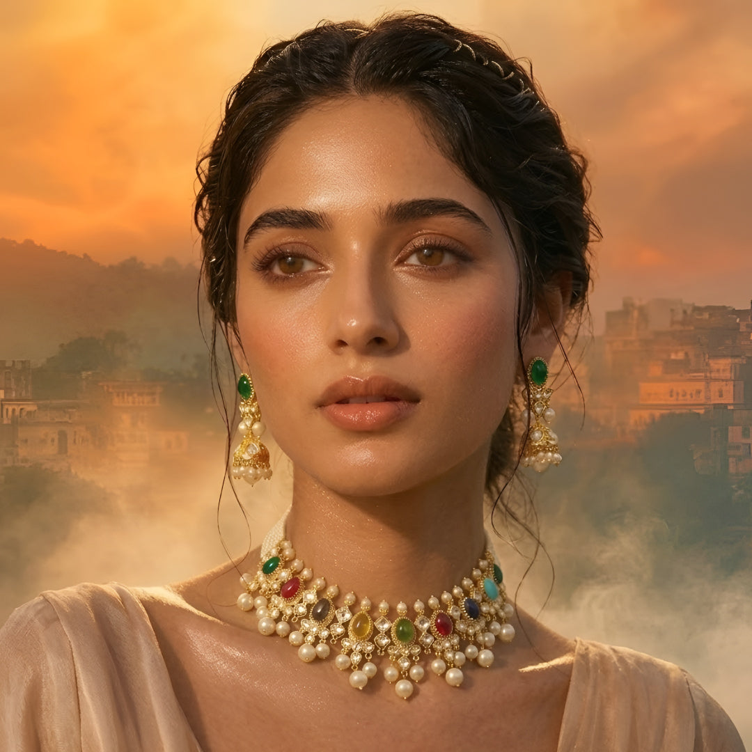 Gold-toned Navratna Kundan choker necklace set with multicolored stones, pearl drops, and matching green stone jhumka earrings on a white background.