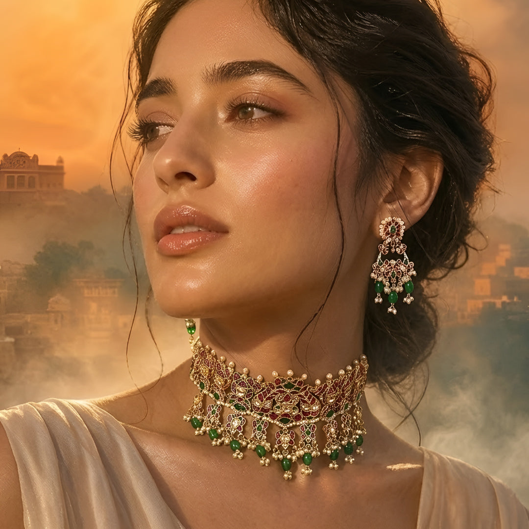 Traditional gold-plated Kundan choker necklace set with red and green stones, dangling green beads, and matching chandbali earrings for bridal wear.