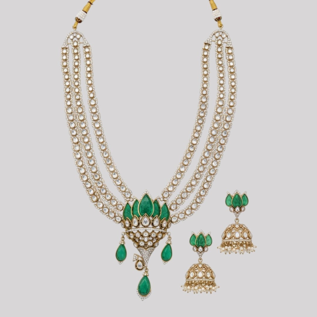 “Kundan and Emerald Polki Multi-Layer Bridal Necklace Set with Earrings