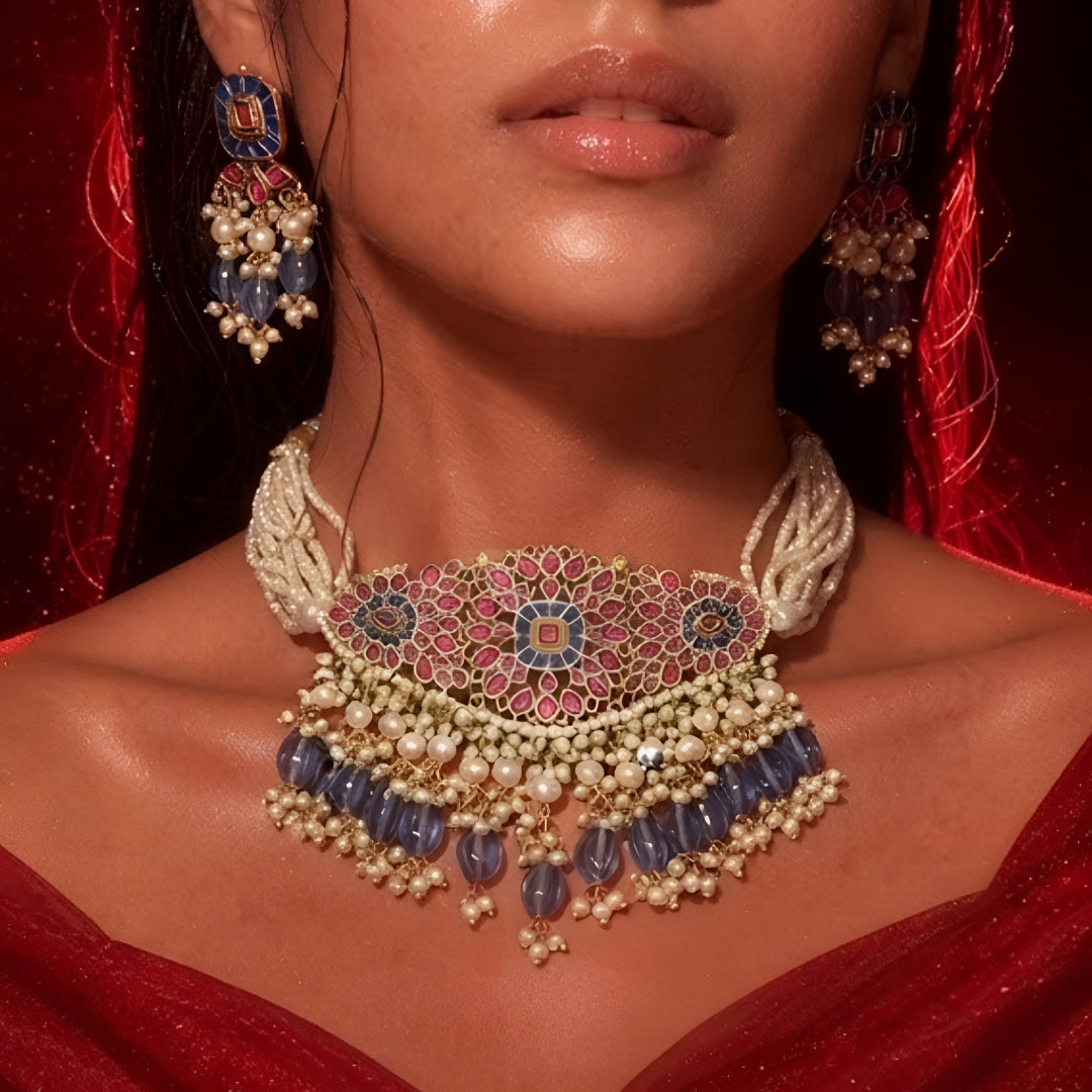 "Kundan pearl choker necklace set with blue tassels and matching earrings