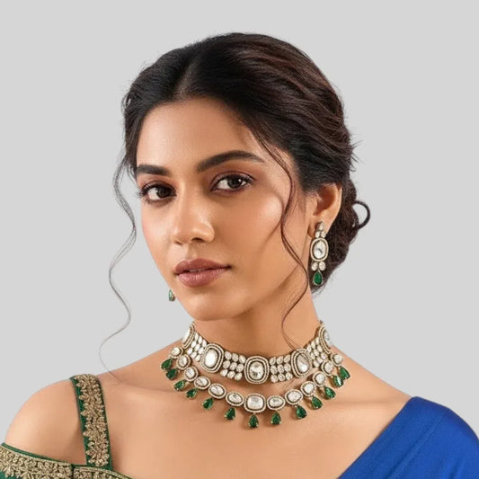 Elegant Kundan Choker Necklace Set with Green Drop Beads and Earrings for Women - Auraa Trends