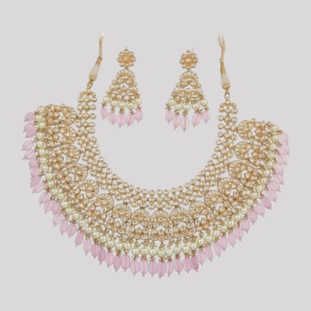 Kundan Pearl Bridal Necklace Set with Pink Beads & Maang Tikka