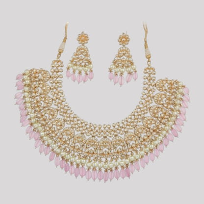Kundan Pearl Bridal Necklace Set with Pink Beads & Maang Tikka