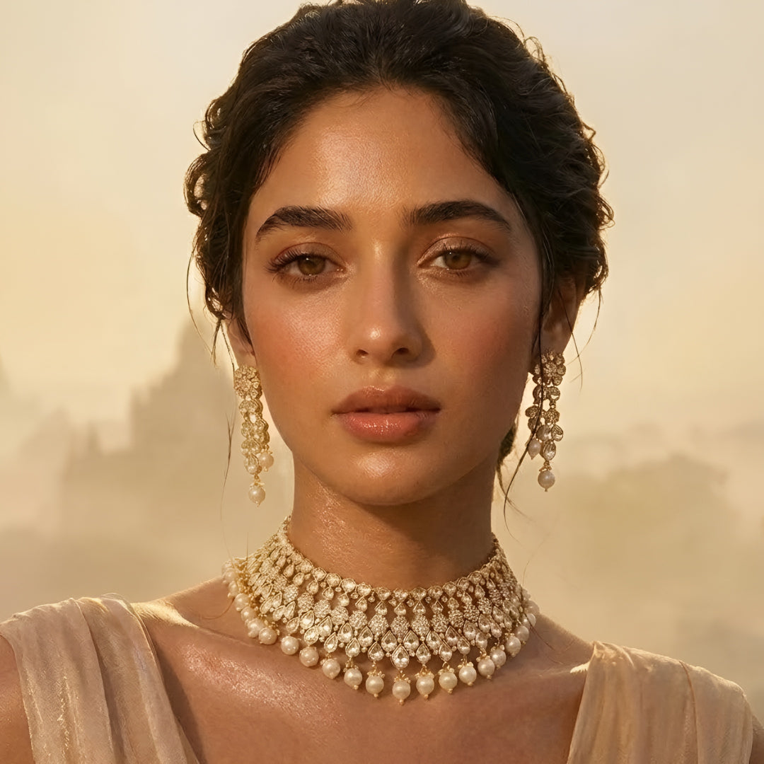 Gold-toned Kundan pearl choker necklace set featuring floral motifs, teardrop stones, pearl danglers, and matching earrings on a white background.