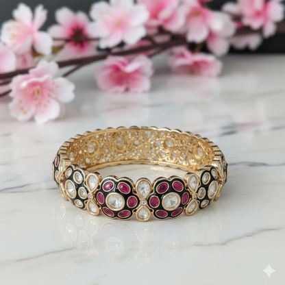 Gold plated red and green enamel Kundan floral handcrafted bridal bangles for women