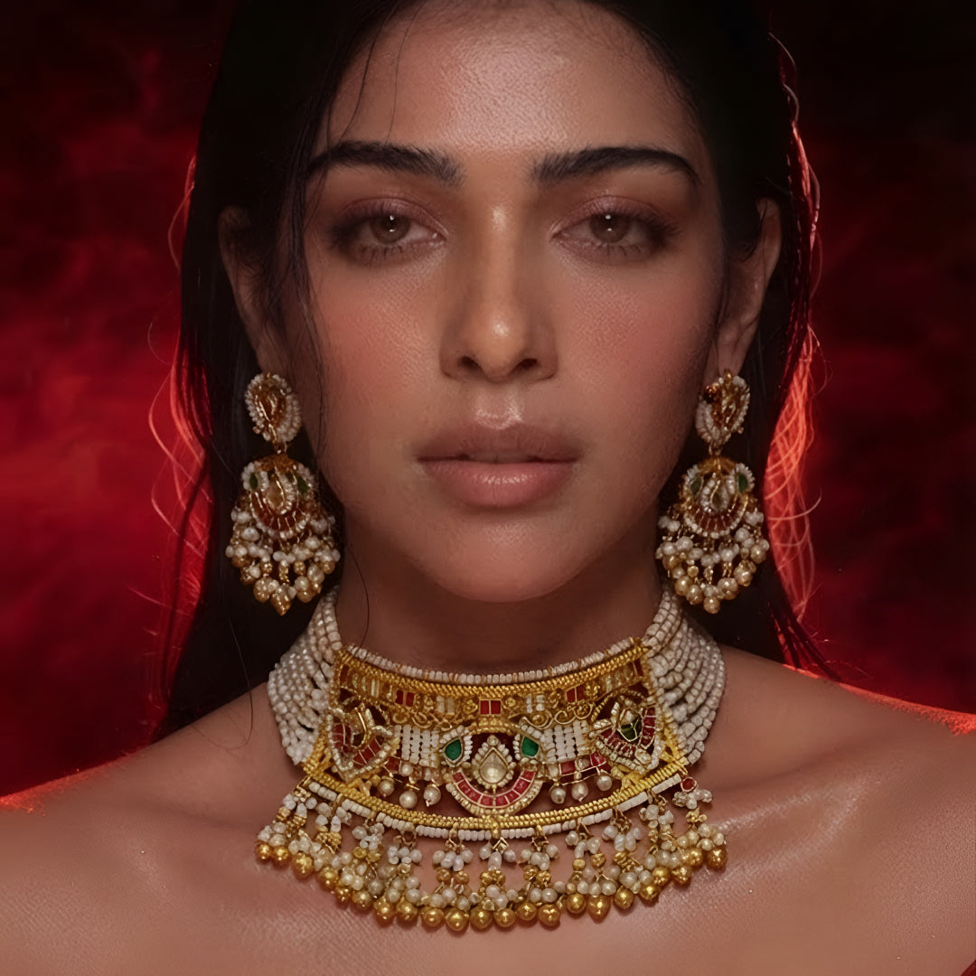 Traditional bridal jewellery set with pearl strands and matching jhumka earrings