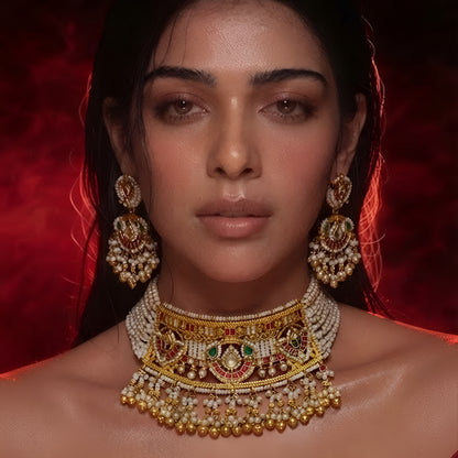 Traditional bridal jewellery set with pearl strands and matching jhumka earrings