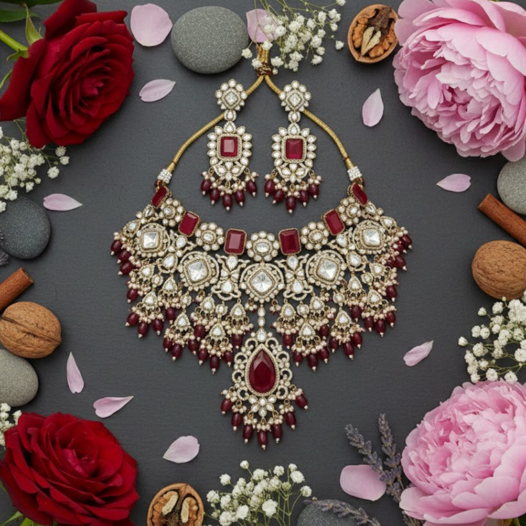 “Bridal Kundan Choker Necklace Set with Red Stones, Pearls, Earrings and Maangtikka – Heavy Wedding Jewellery for Women”