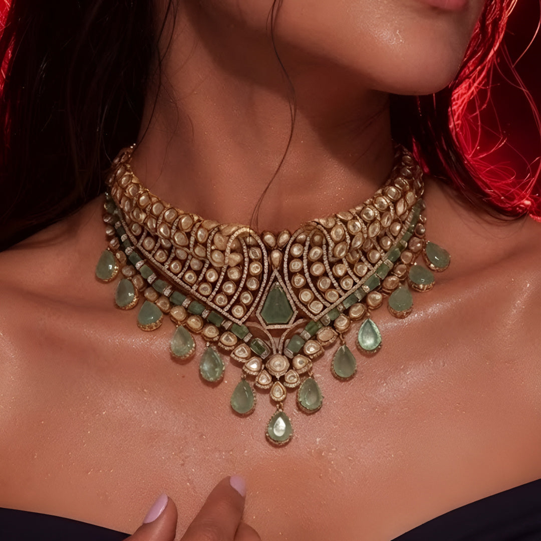 Heavy statement Indian bridal jewellery set styled on green backdrop