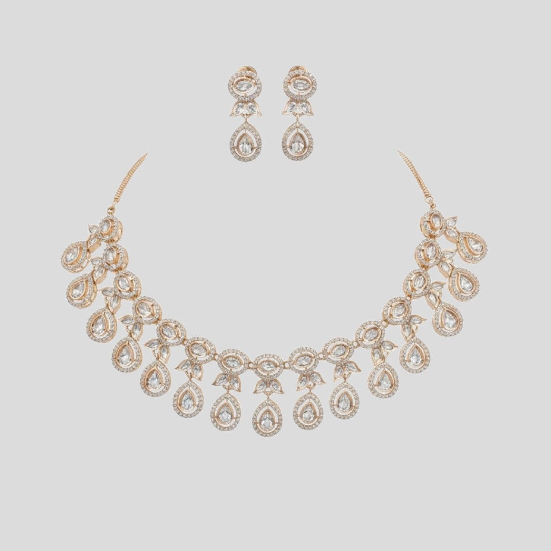 "Gold-plated crystal teardrop necklace and earrings jewellery set for women"