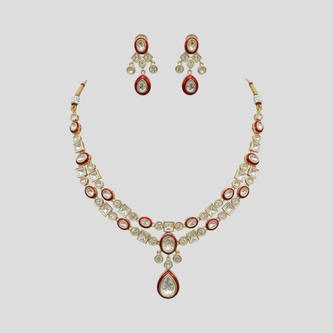 Traditional Kundan Necklace & Earrings Set with Red Enamel Detailing – Bridal/Party Wear Jewelry