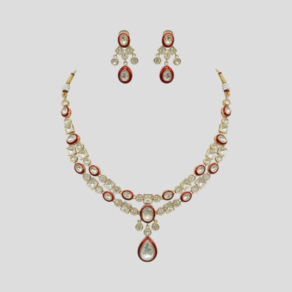 Traditional Kundan Necklace & Earrings Set with Red Enamel Detailing – Bridal/Party Wear Jewelry
