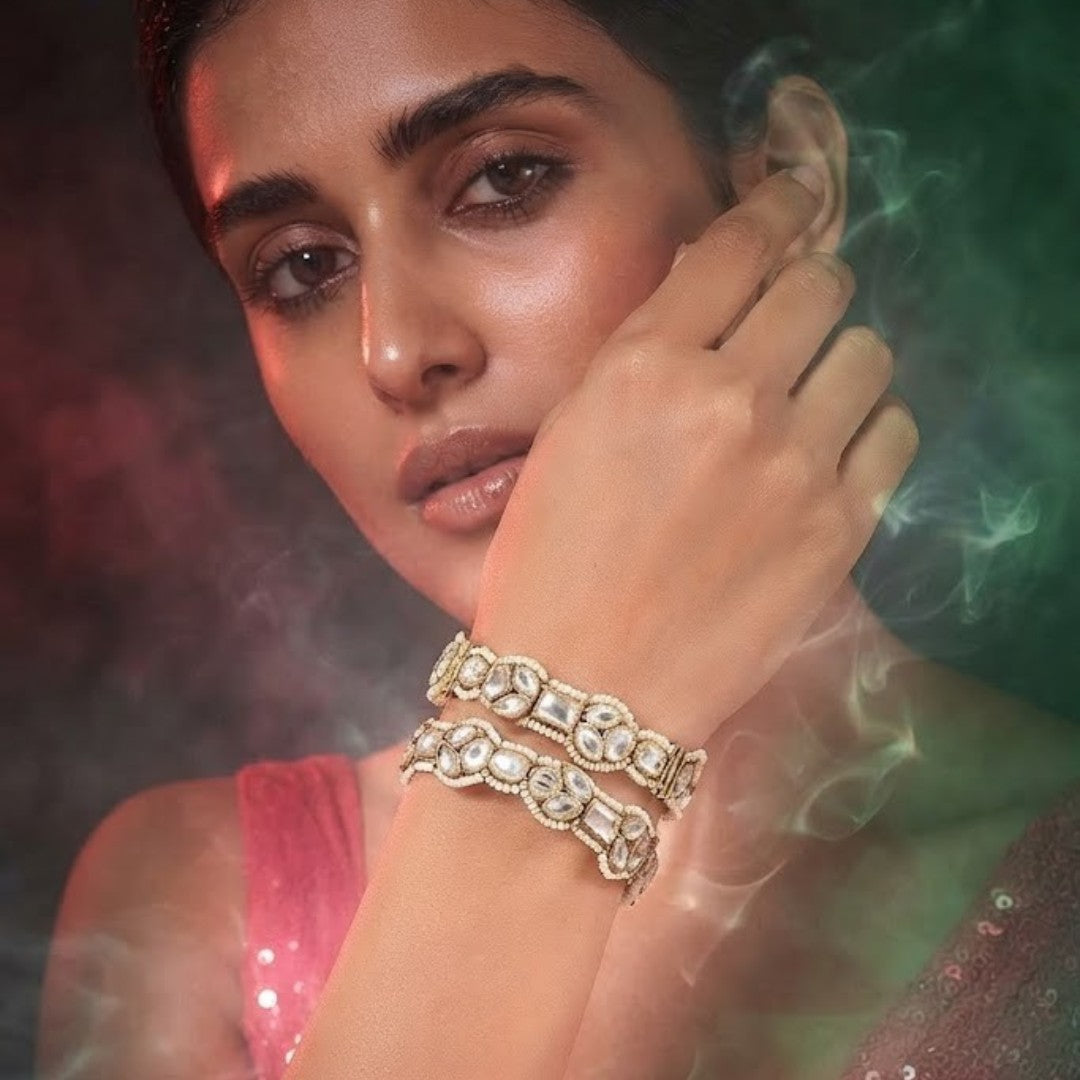 Gold Tone Studded Designer Open Kada Bangle for Women